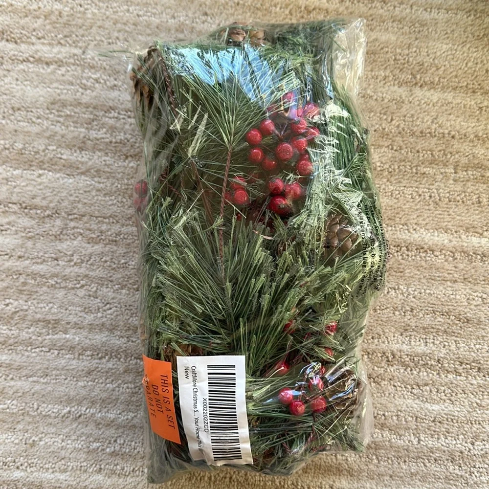 Set of 3 CraftMore Christmas Smokey Pine and Red Berry Garland 6 Feet Strands